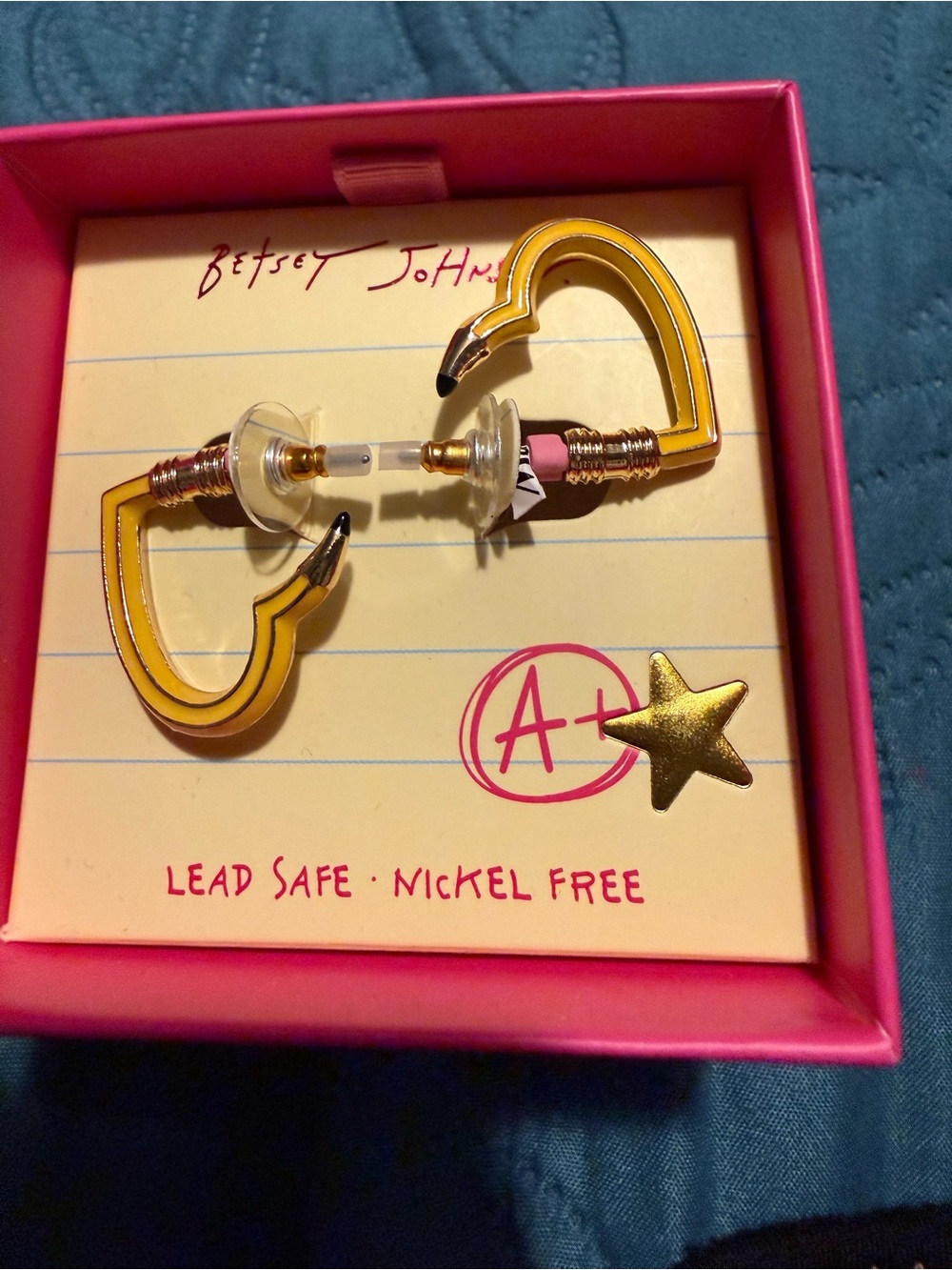 Betsey Johnson Yellow Pencil Heart Hoop Earrings